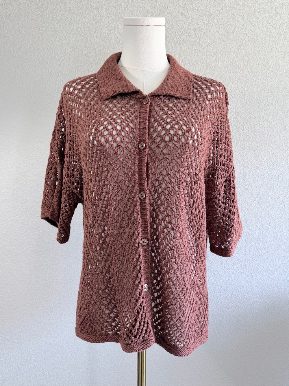 Wild Fable Women Brown Rust Crochet Button Up Top Summer Boho Hippie Tropical XS